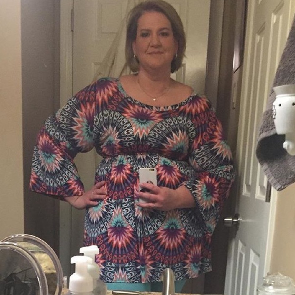 Multi-color dress with green sparkly leggings